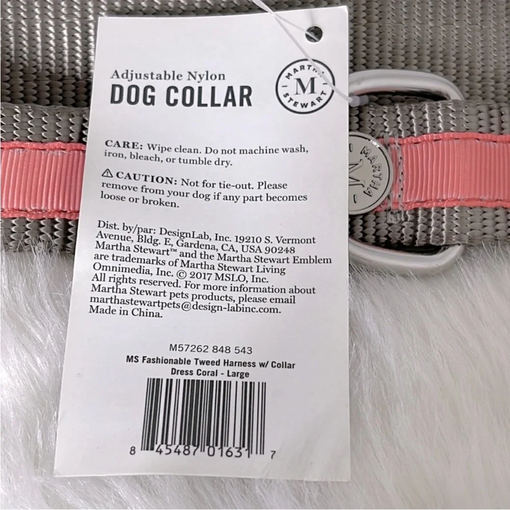 NWT Martha Stewart Adjustable Nylon Dog Collar Coral / Gray Various Sizes